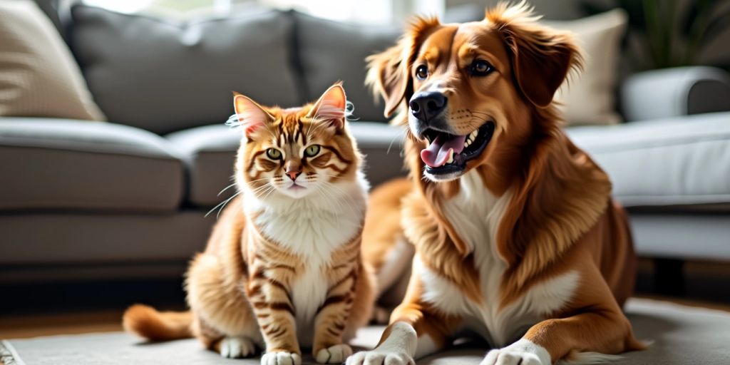 Cat and dog peacefully coexisting in a living room.