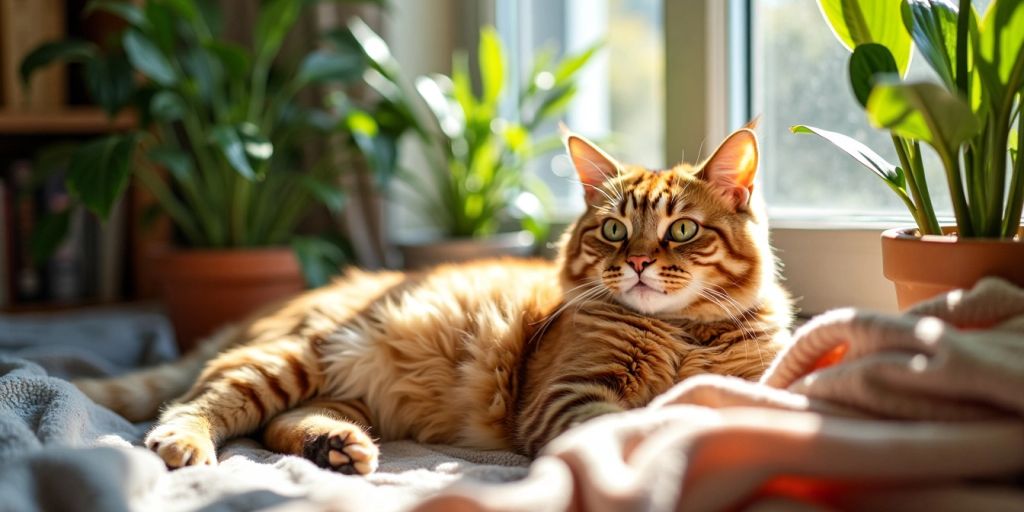 A relaxed cat enjoying sunlight in a cozy setting.