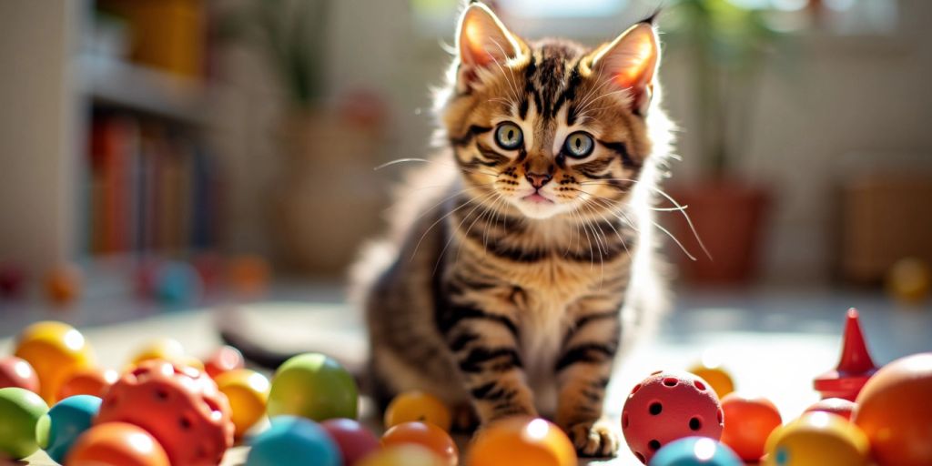 A cat learning commands with toys around it.