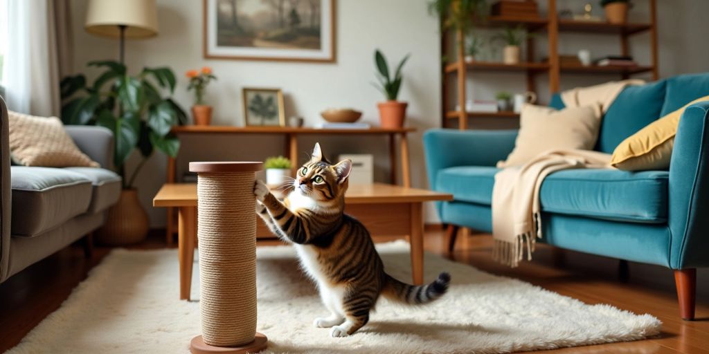 Cat scratching a post in a stylish living room.