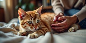 Person bonding with a cat in a warm home setting.