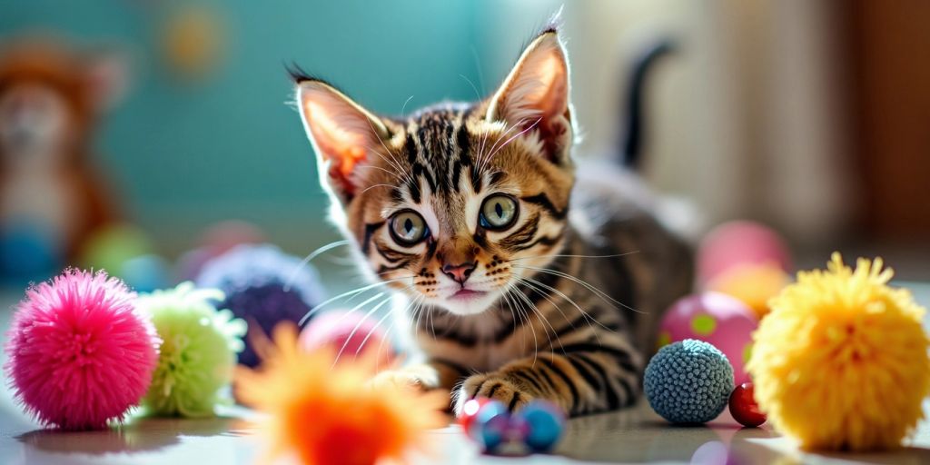 Playful cat with colorful toys in a bright setting.