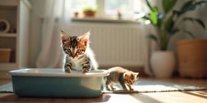 Kitten exploring a clean litter box in a cozy room.