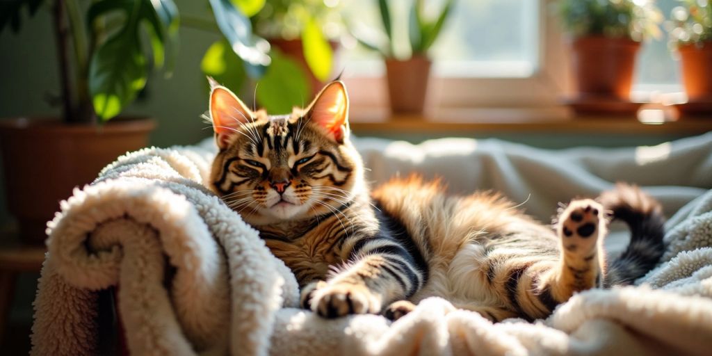 Relaxed cat lounging on a blanket in sunlight.