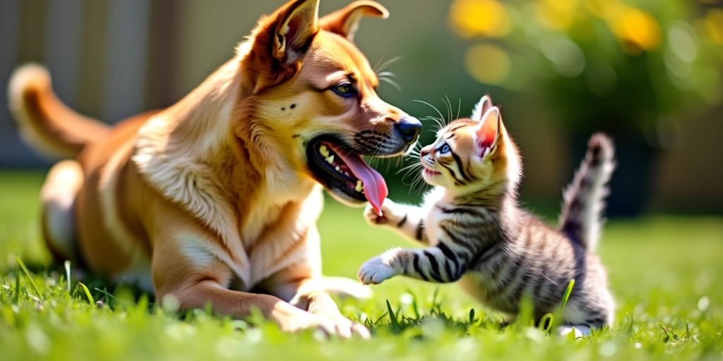 Kitten and dog playing together in a garden.