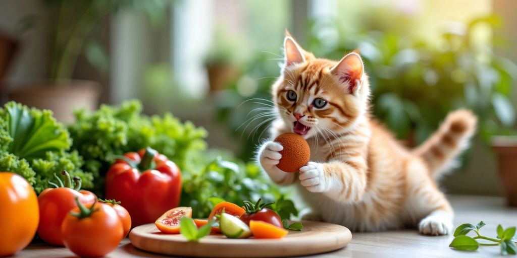 Healthy cat playing with vegetables and balanced meal.